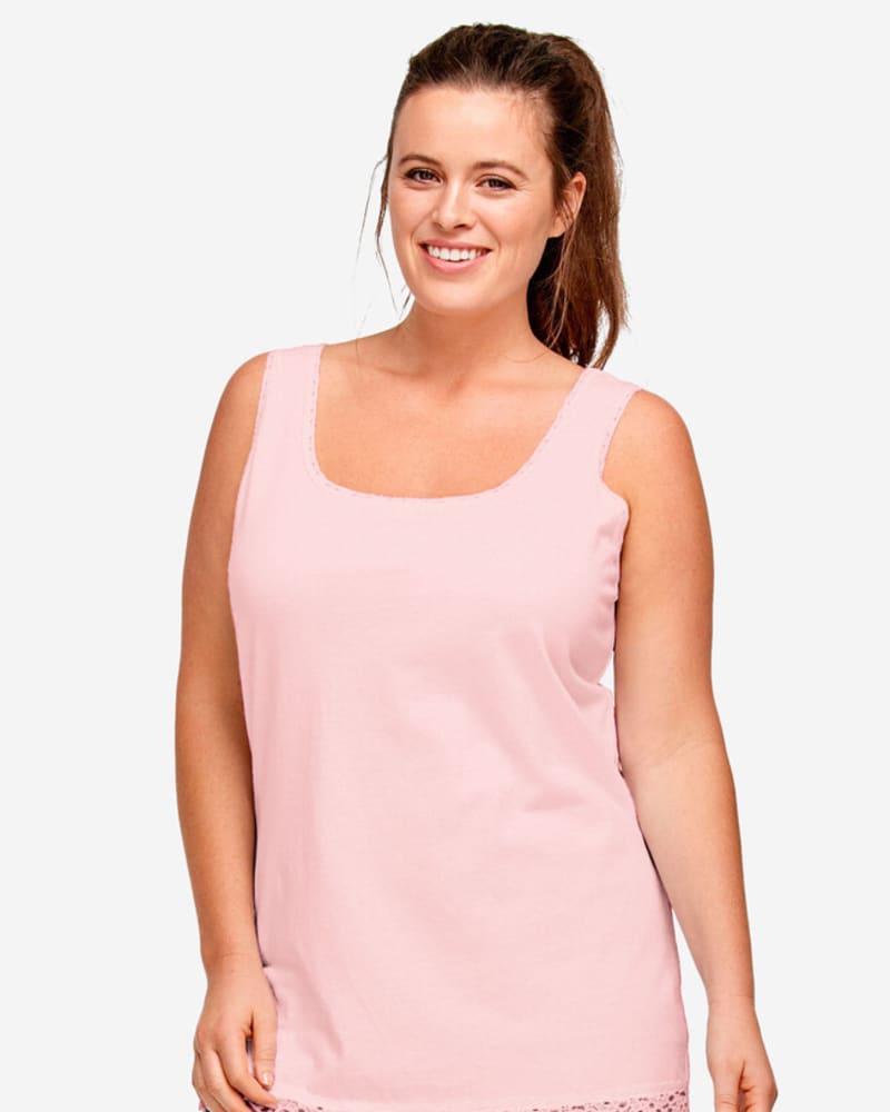 Front of a model wearing a size 2X Baylee Lace Trim Tank in Pink by Ellos. | dia_product_style_image_id:383609
